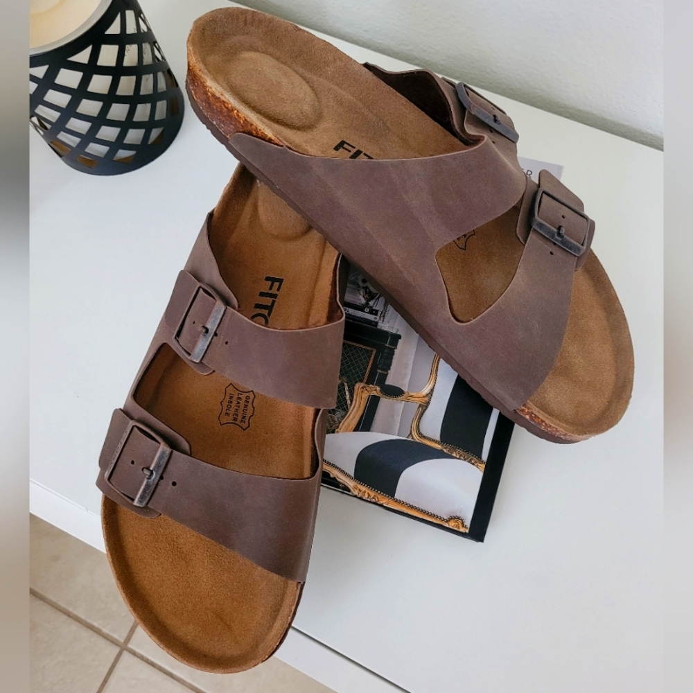 FITORY Mens Leather Insole Sandals with Two Buckles,Open Toe Slides